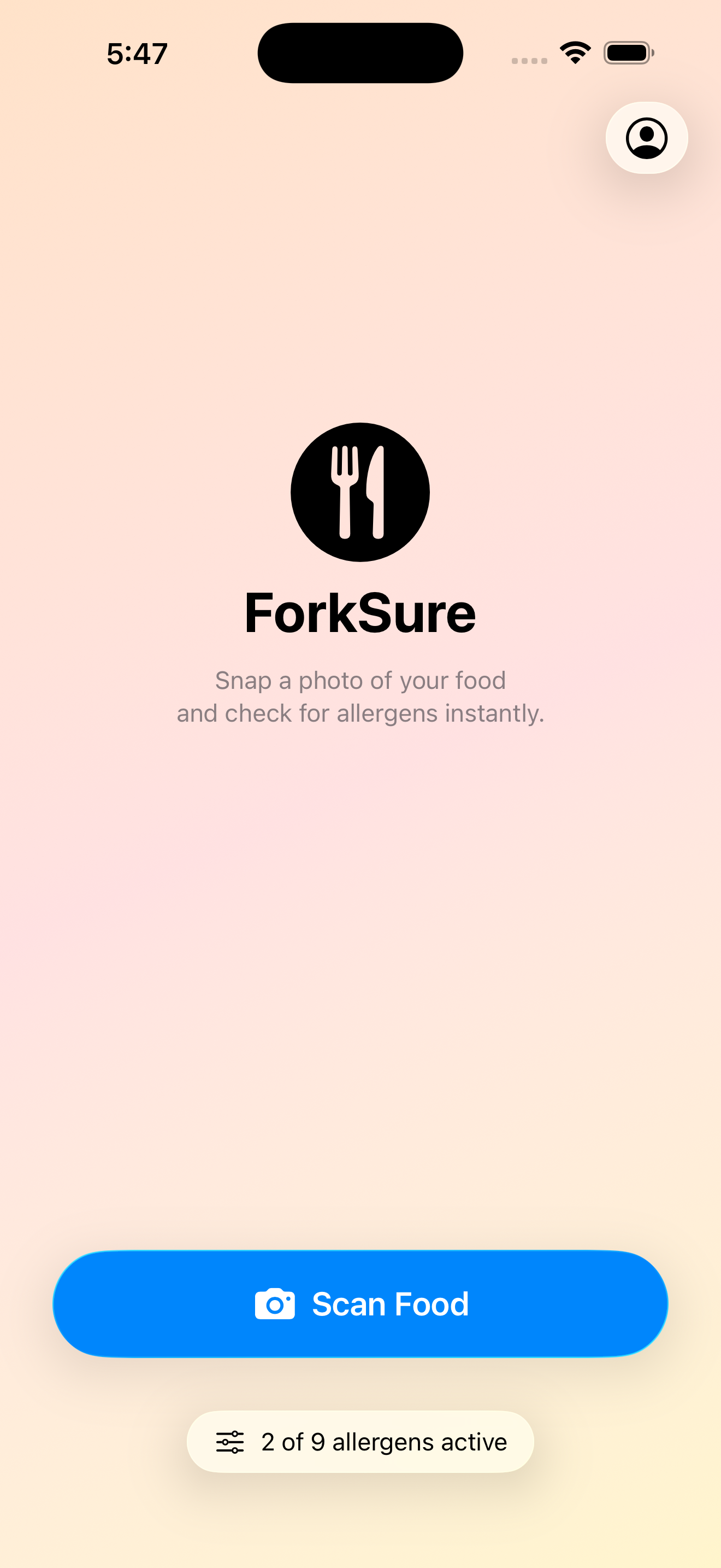 ForkSure home screen with Scan Food button and allergen profile chip