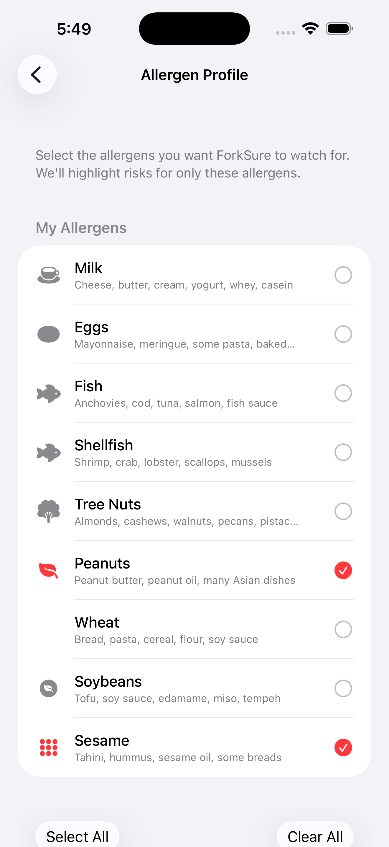 Allergen profile settings with toggles for each of the Big 9 allergens