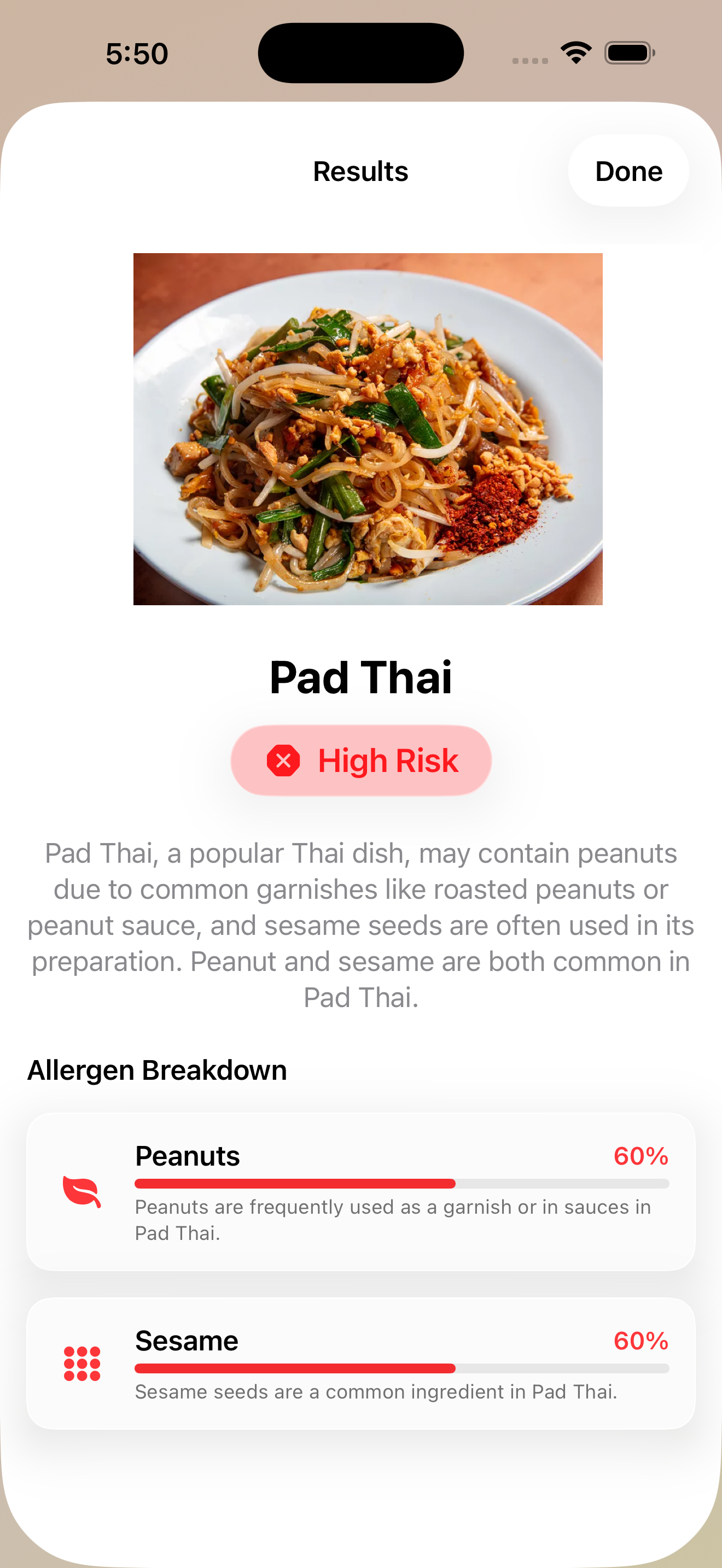 Analysis results showing food name, risk badge, and allergen breakdown